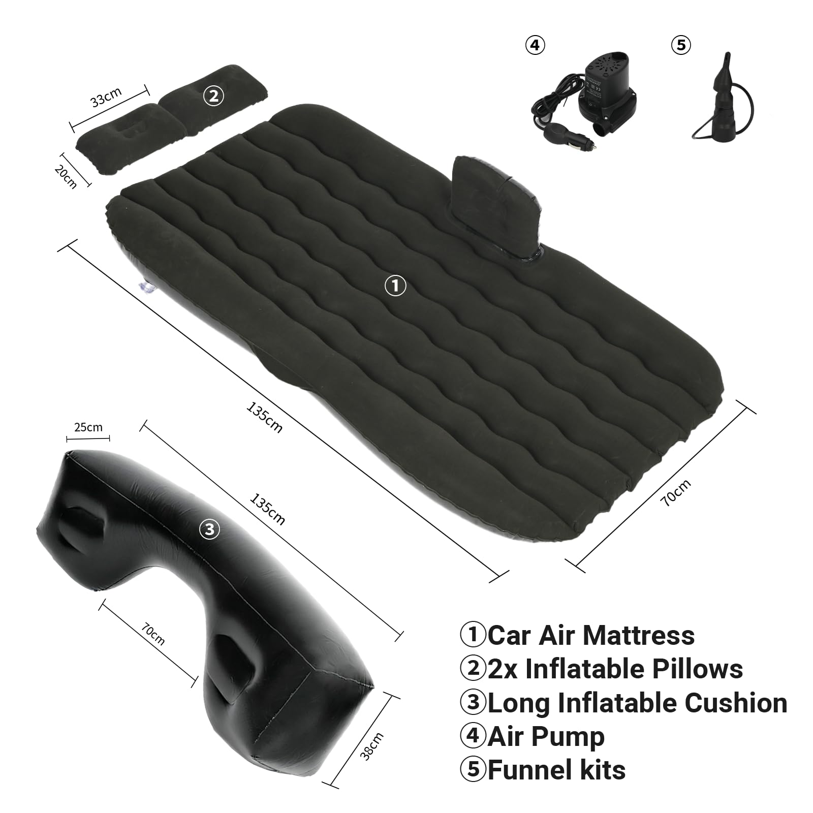 YAGEANNL Letto per auto, nero gonfiabile materasso ad aria per auto, 135 × 70 cm, sedile posteriore auto letto da campeggio (A)