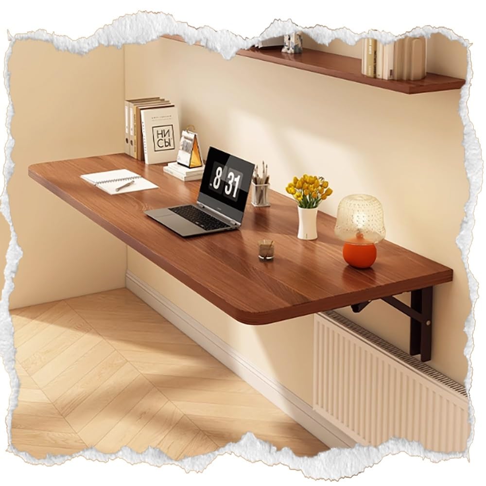 GJZQDKX Wall Mounted Folding Desk for Small Spaces - Portable Workbench with Metal Shelf Bracket, Compact Fold Down Table, Walnut Finish (120x40cm/48x16in)