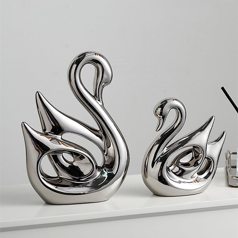 Ceramic Statue,2 Pieces Swan Sculpture Decor,Creative Ceramic Decorative,Crafts Ornaments Home Decor,Memorial Gift for Parents, Suitable for Shelf, Bookself, TV Stand Decor(Silver Swan)
