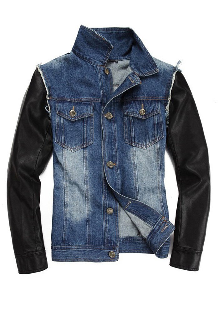TM Men casual fashion outdoors Artificial leather sleeves denim jacke coat Punk