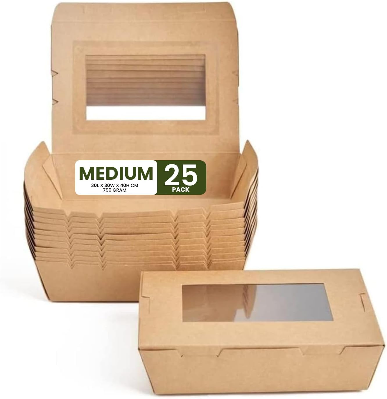 Medium Kraft Lunch Box With Window Food Container Made With Craft Paper For Meals & Dessert, Food Container, Disposable, Eco-friendly, Cardboard,Paperbox Restaurants - Pack Of 25, Brown