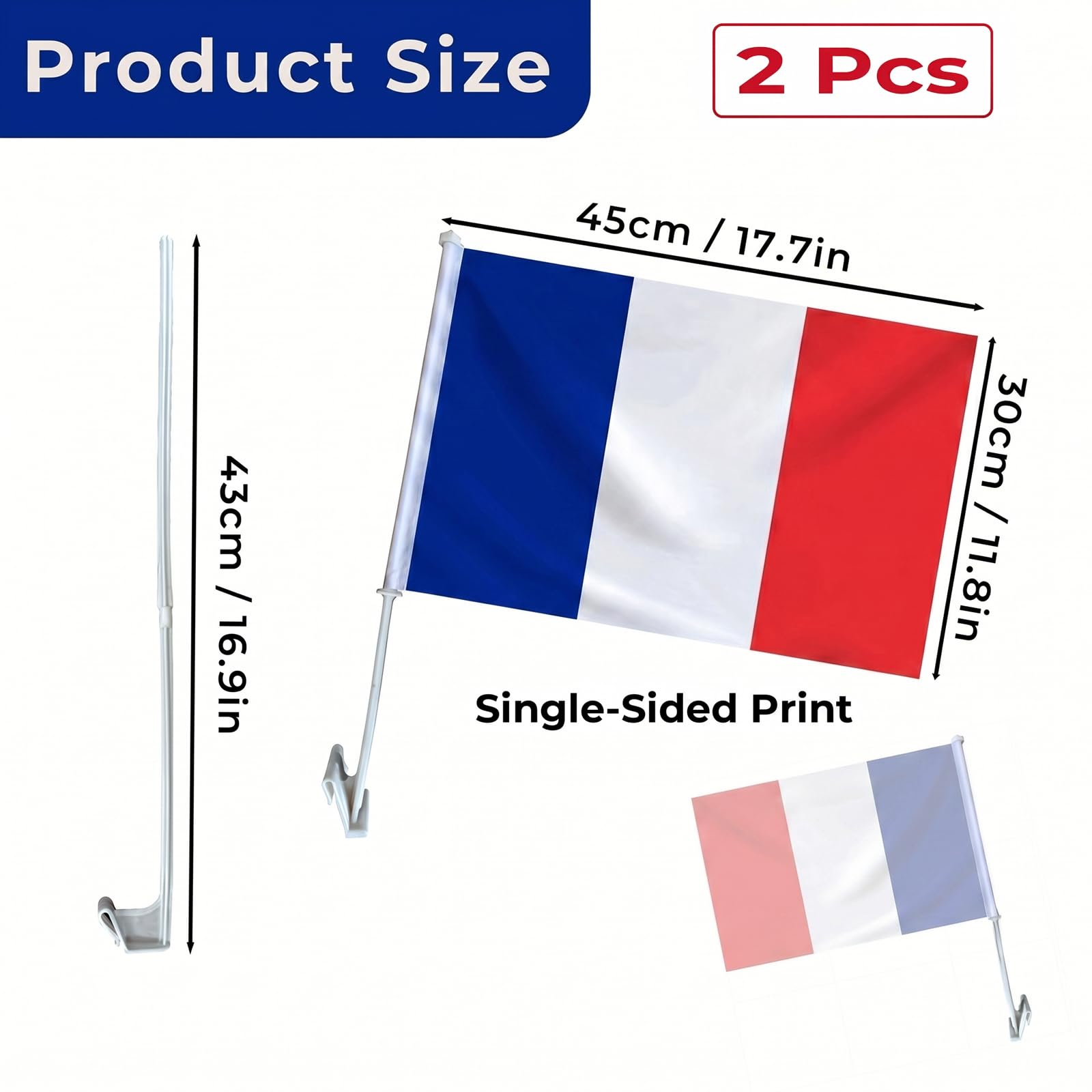 Drapeaux de Voiture France Lot de 2, 30 x 45 cm, Polyester avec Support