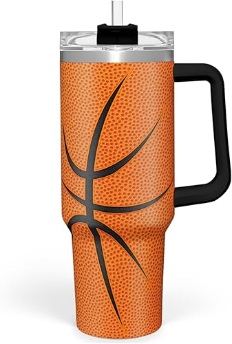 SANDJEST Vaso de baloncesto con asa, tapa de 40 onzas y popote, taza de café aislada, regalos para hombres, niños, jugadores, Navidad y cumpleaños