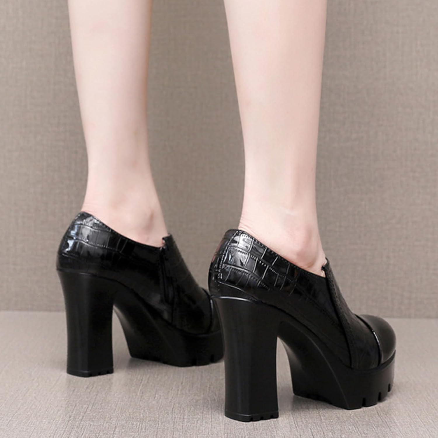 Womens Print Platform High Chunky Heel Pumps Stylish Patent Leather Round Toe Side Zipper High Heels for Evening Party Prom