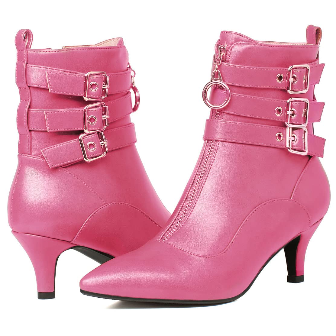KISSASA Womens Buckle Strap Kitten Heel Booties Pointed Toe Zipper Ankle Boots