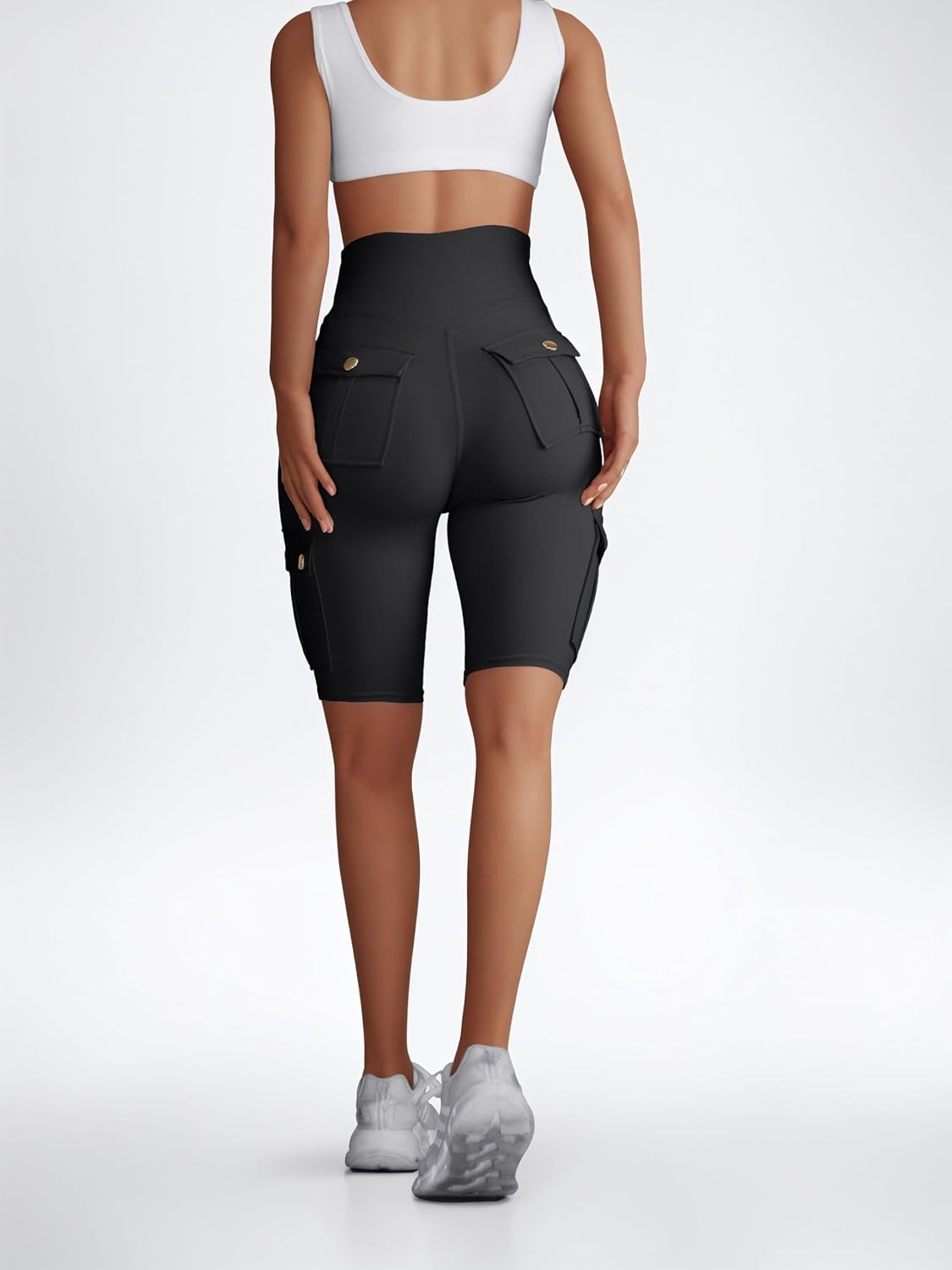 Sumleno Women Tummy Control Butt Lifting Shorts Knee Length High Waist Flap Pocket Workout Bermuda Cargo Running Shorts - Image 4