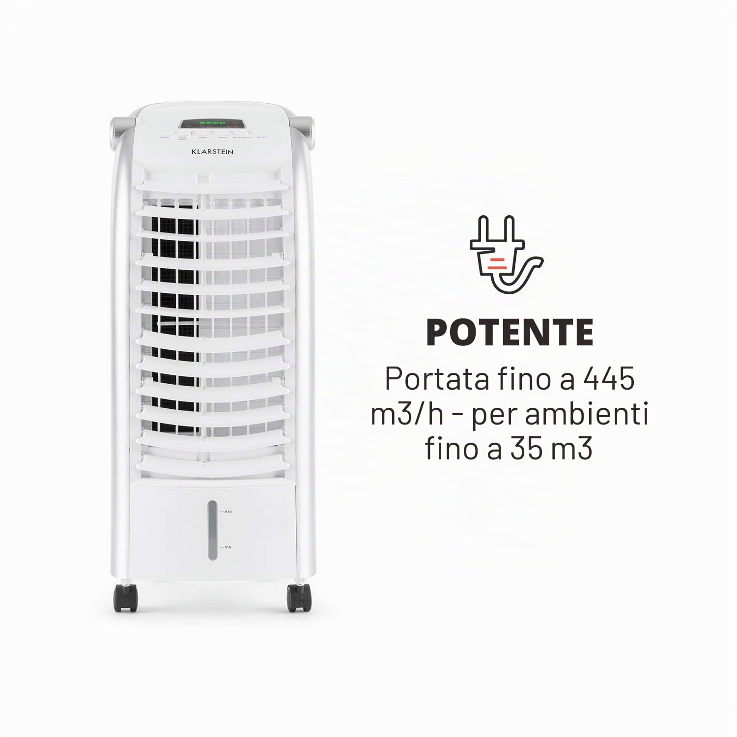 Klarstein Condizionatore Portatile 65W, 4in1, Climatizzatore Portatile, Raffrescatore Aria ad Acqua, Ventilatore, Deumidificatore, Silenzioso con Night Mode, 444m³/h, Serbatoio da 6L, Bianco Zinco