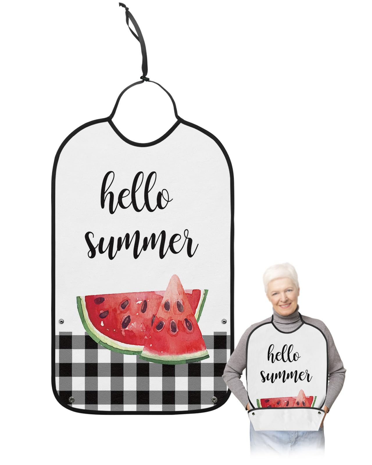 LEOKOTI Summer Watermelon Adult Bibs for Eating, Waterproof Bibs with Food Catcher & Adjustable Snap Closure, Black White Plaid Farmhouse Washable Clothing Protectors Adult Bibs for Elderly Women/Men