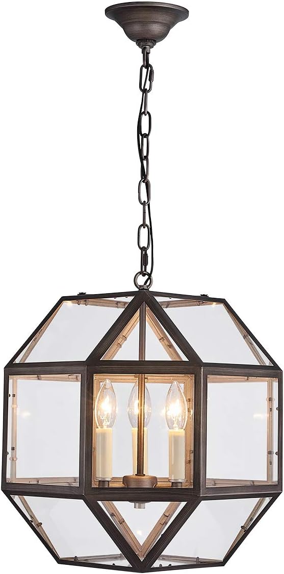 ANJIADENGSHI Round Lantern Pendant Light Vintage Lantern Iron Cage Hanging with 3 E12 Bulbs Global Lantern Chandelier for Traditional Dining Room Bar Cafe, Nickel