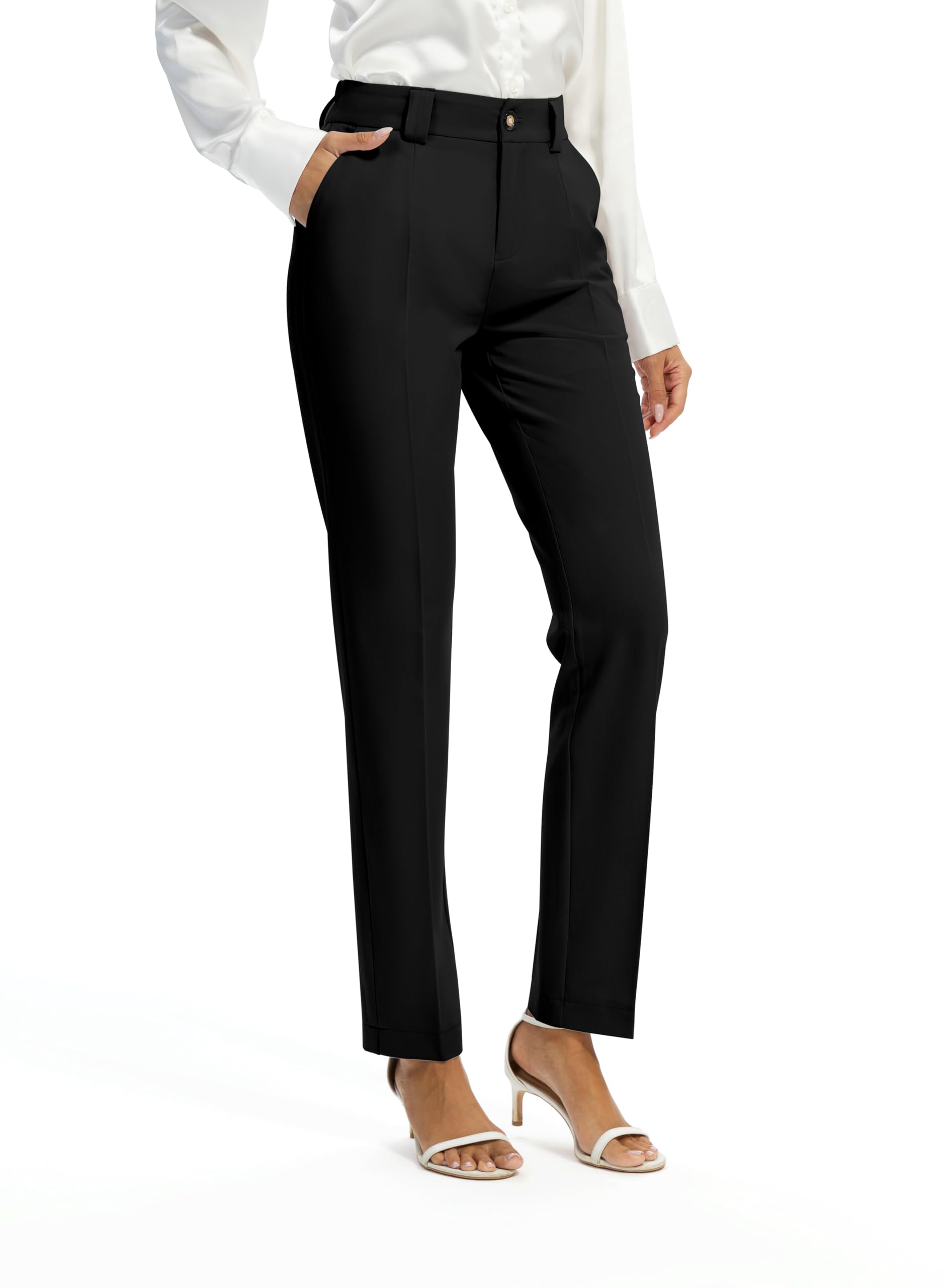 FUNYYZO Women Long Office Pants High Waisted Work Pants Dressy Casual Straight Leg Elastic Waist Suitpants