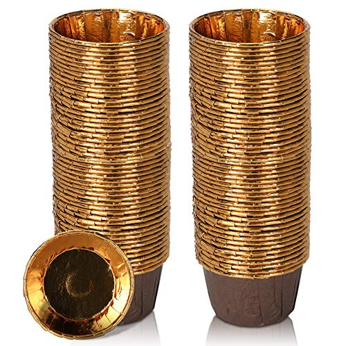 TRUSBER Baking Cups,100 pieces Aluminum Foil Cupcake Cups,Disposable Muffin Liners Wrapper,Non-stick Baking Ramekin Holders Little Pudding cups for Baby shower Wedding Birthday Party (Brown 100PACK)