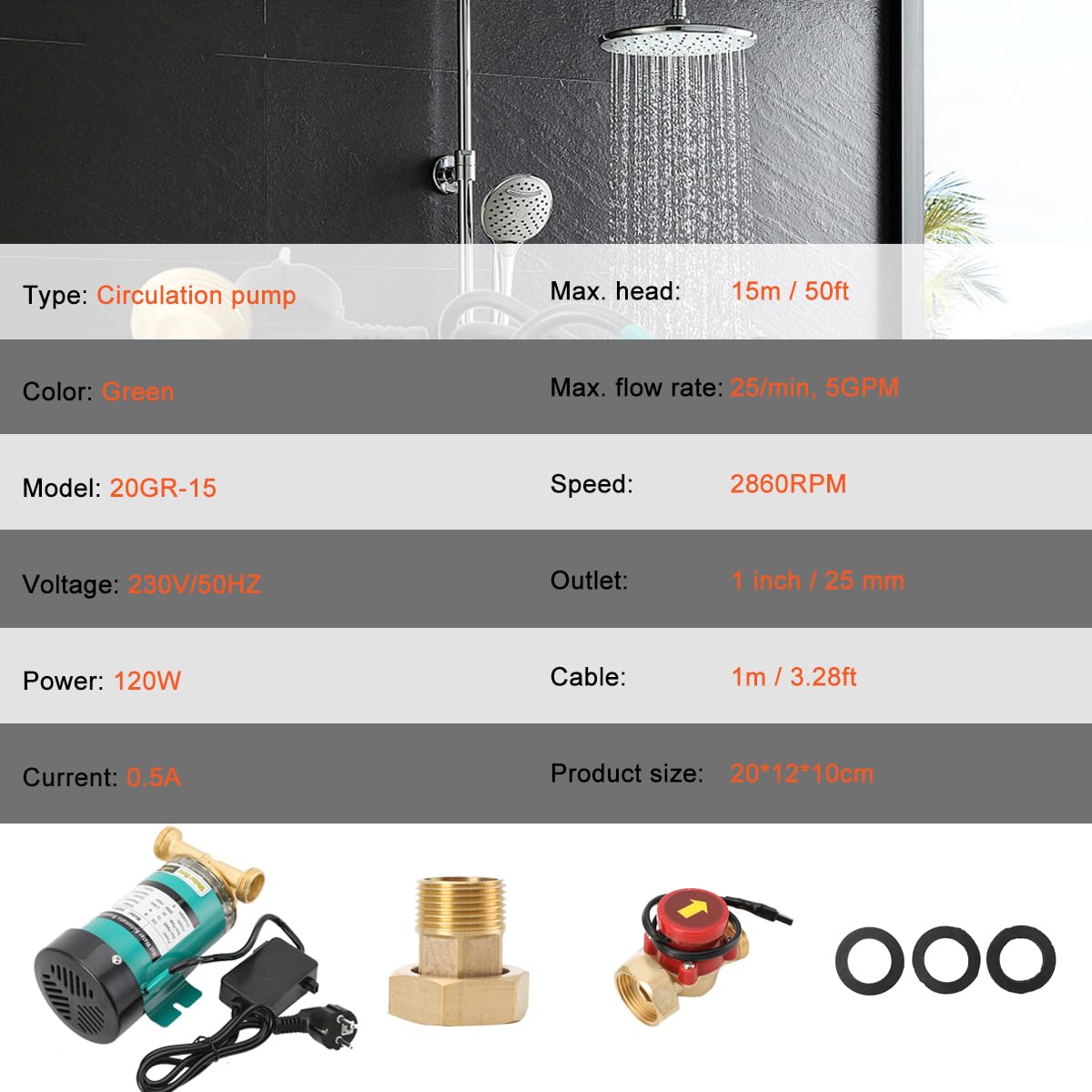 Bomba Booster Agua para Casa 120W, Booster de Agua Caliente, Bomba de Circulación para Aumentar Presión Ducha, Grifería, Riego Jardín, Lavadora, Modelo 20GR-15