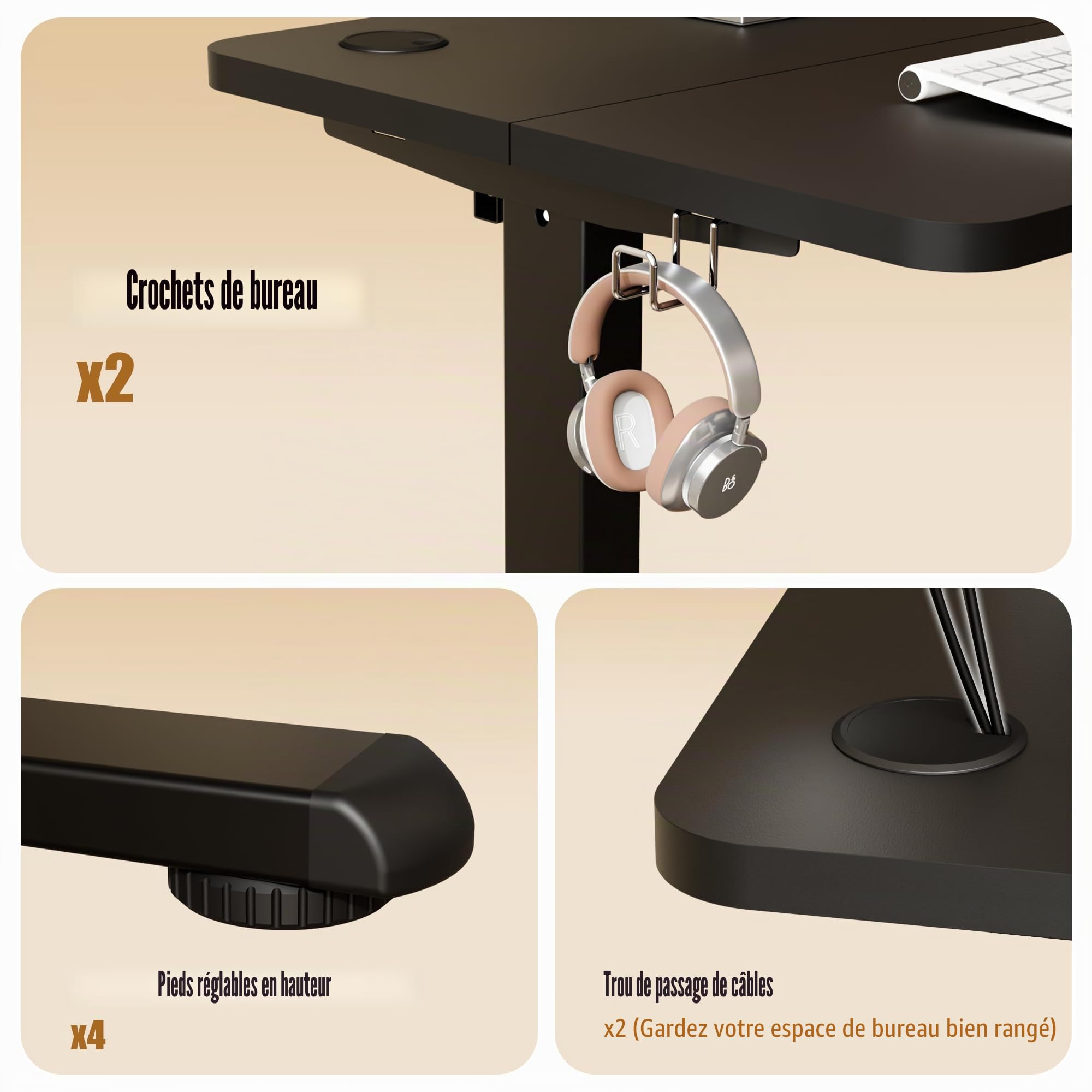 ERGOMAKER Bureau électrique réglable en Hauteur 80 x 60 cm - Table réglable en Hauteur avec Plateau d'épissure (Cadre Noir + Plateau Noir)