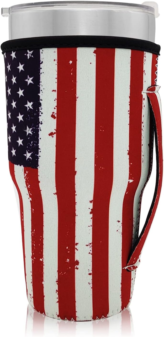 Reusable Iced Coffee Cup Sleeve Neoprene Insulated Sleeves Cup Holder with handle Idea for 30oz - 32oz Tumbler Cups, Protein Shake Bottles (Only Cup Sleeves) (American Flag)