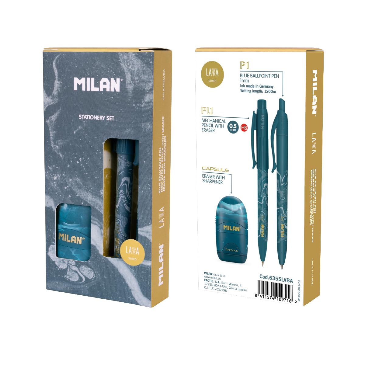 Coffret Cadeau MILAN Série Lava Vert - Stylo Bille Bleu, Porte-mine 0,5 Mm HB, Aiguiseur Avec Gomme - Design Volcanique Aiguiseur Capsule Gomme