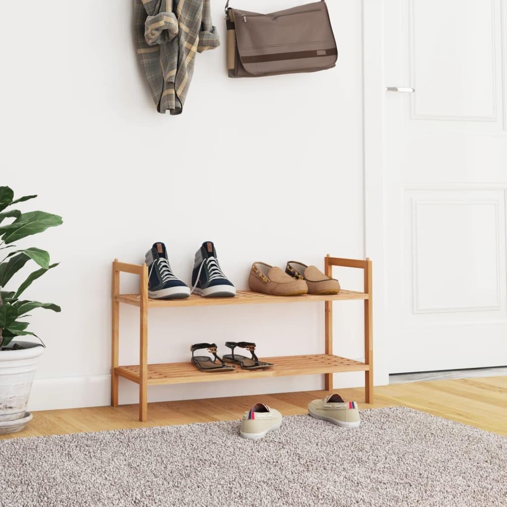 Schuhregal Massivholz Nussbaum 69x27x41 cm mit 2 Ablagen, stapelbar, schmal, platzsparend für Flur und Diele, schuhständer mit Griffen, staubdicht, Ordnungssystem, Schuhkommode Organizer