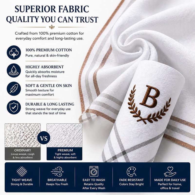 Image of GOLU MOLU Cotton White Formal Handkerchief Pack Of 6 | Office Travel Daily Use | Custom Initial Design | Free Size | Cotton Fabric | Customised N95 Mask Included
