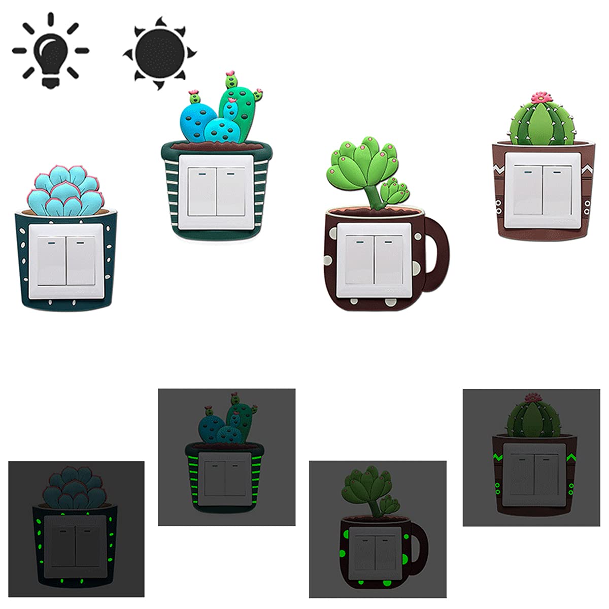 Cactus - Interruptor de pared fluorescente (7 piezas, 7 unidades, efecto efecto adhesivo, interruptor de pared, para decoración de casa, pegatina luminosa, funda de protección para habitación de niño