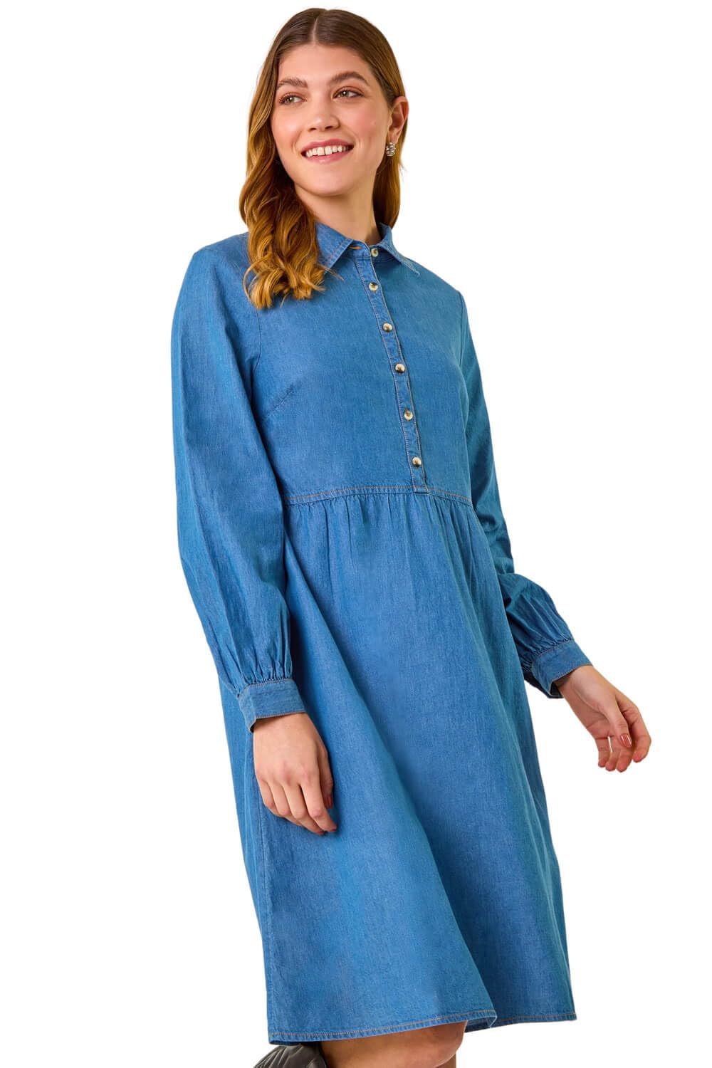 Roman Women's Mid Blue Denim Button Through Pocket Dress In | : Size 20