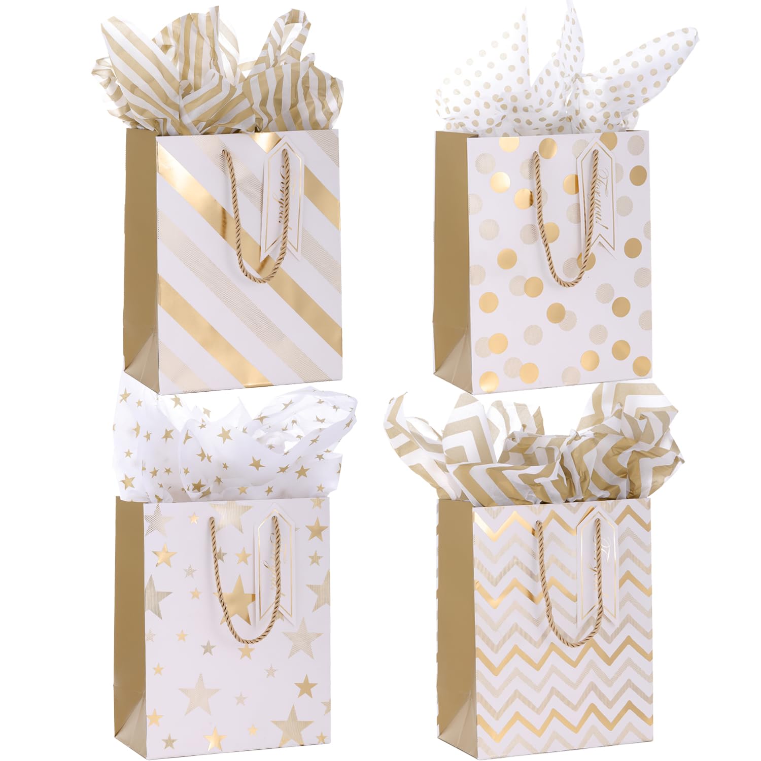 4pcs Gift Bags (9x7x4 inch) With Tissue Paper and Gift Tags for Women,Men's Birthday,Valentine's Day,Christmas,Small Business,All Occation (Gold)