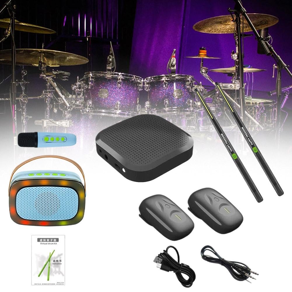 Set di batteria virtuale ad aria con bacchette RGB Bluetooth e pedali – Batteria elettronica portatile ricaricabile con rilevamento del movimento, divertente strumento per la pratica, regalo per