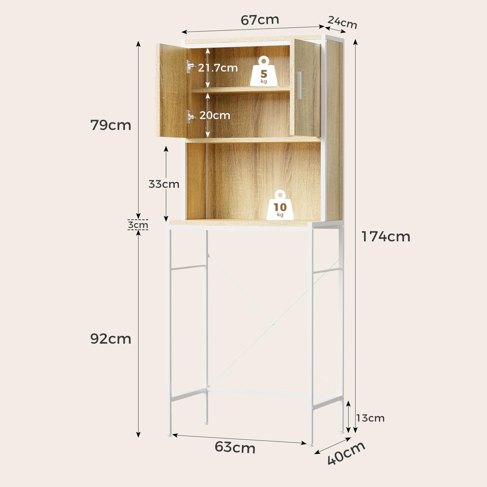 ELUCHANG Mobile Lavatrice,con Ante e Ripiano Aperto,mobile alto per bagno,Mobiletto Bagno Salvaspazio,Rovere Chiaro +Bianco,67x40x174cm