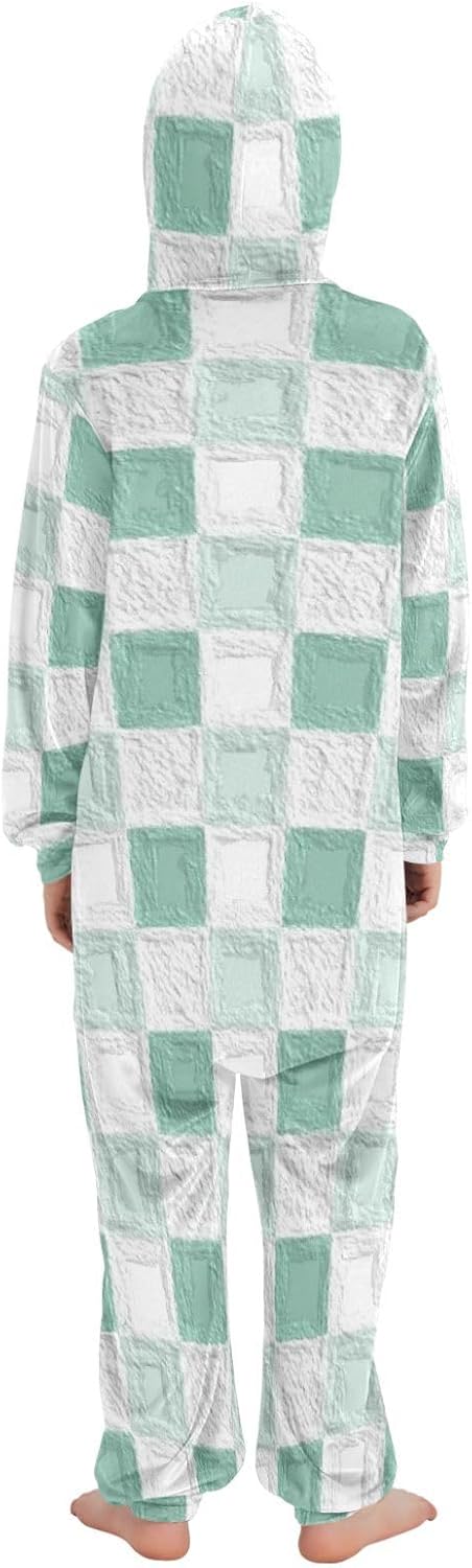 Green Checkered PatternPajamaZipper Hooded One-Piecing Jumpsuitsfor Christmas Home
