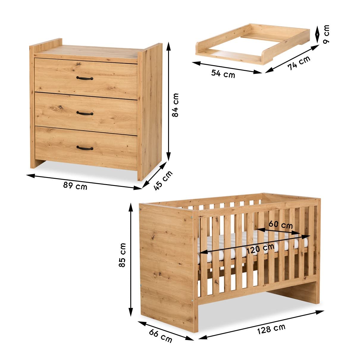 Mon Mobilier Design Amelia Ensemble bébé Commode à Langer et lit évolutif 120X60 Chêne