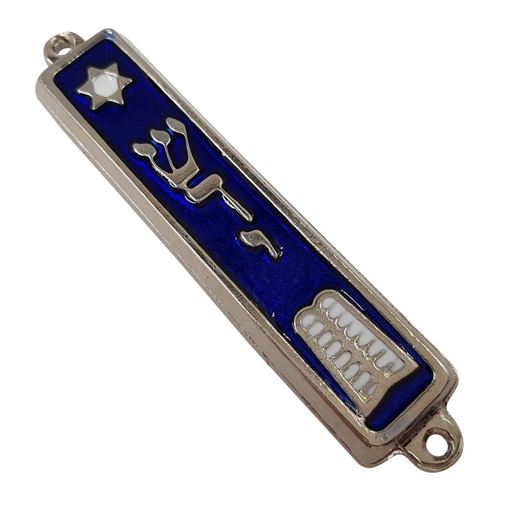 Set of 3 Jerusalem Mezuzah Case with Scroll for Door Star of David Ten Commandments Torah Crown Silver Tone Blue Enamel Israel Mezuza 9 cm / 3.5 Inch