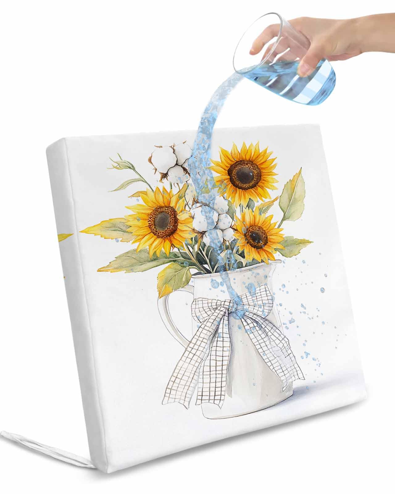 2 Pack Sunflower Waterproof Cushion Covers with Ties, Outdoor Patio Chaise Lounge Chair Seat Cushion Slip Covers Replacement(Only Cover) Cotton Flower Farm Plant Bow Ribbon Lattice 20