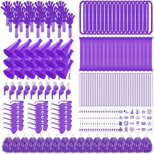 Soulchen 540 Pcs Purple Team Spirit Accessories Bulk Spirit Day Pep Rally Accessories Sporting Events Party Cheerleading Pom Poms Hand Clappers Thunder Stick Whistle Megaphone