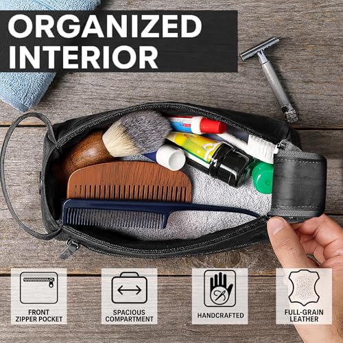 Image of Leather Toiletry Bag for Men & Women - Multifunctional Travel Organizer, Shaving Kit, Makeup Kit, Cosmetic Pouch - Travel Toiletries Gifts for Men