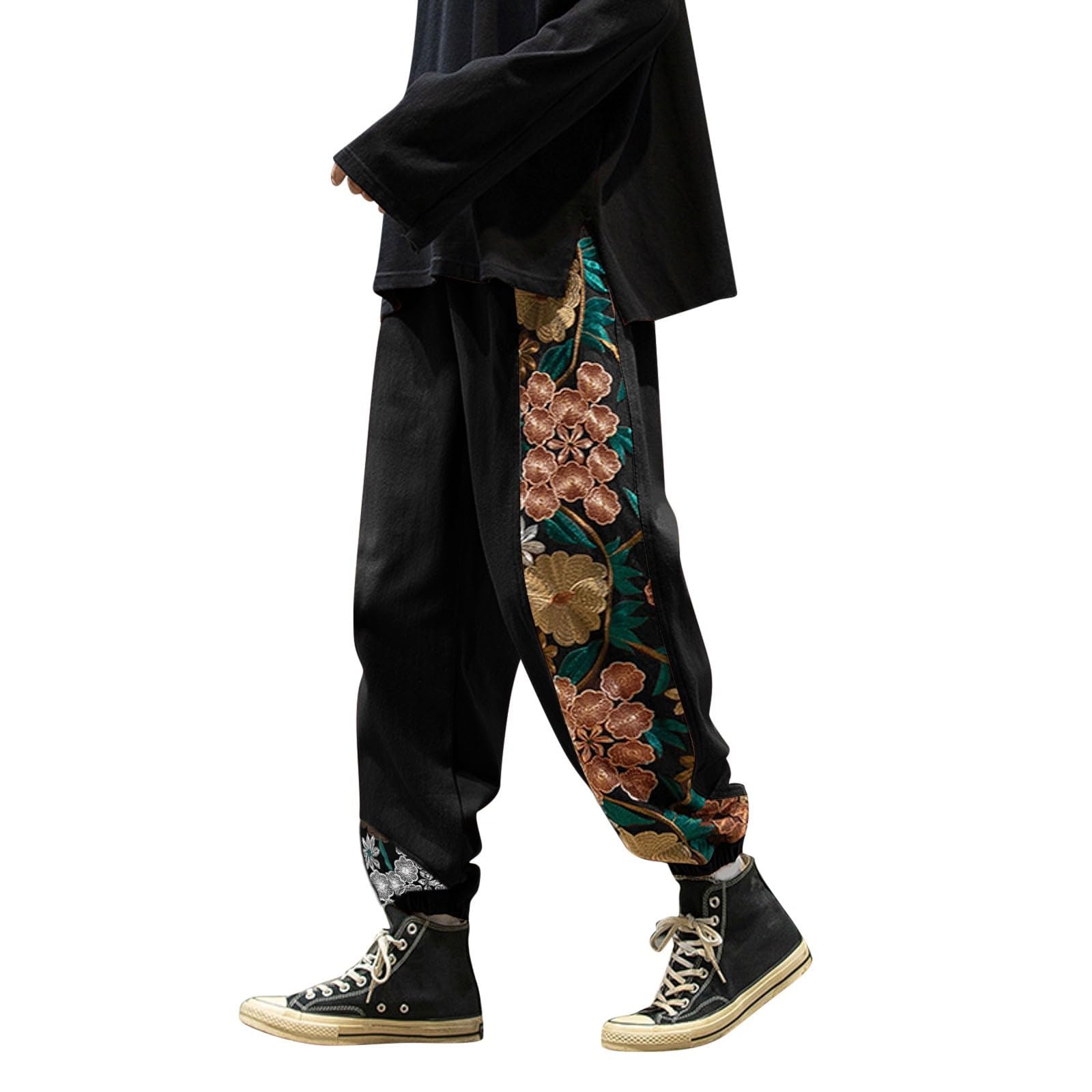 Herren-Trainingshose mit Kordelzug an der Taille, Workout-Hose für Herren, lockere Passform, konisches Bein, Freizeithose mit Blumenstickerei, Streetwear, elastische Taille, Fitnesshose für Skateboard