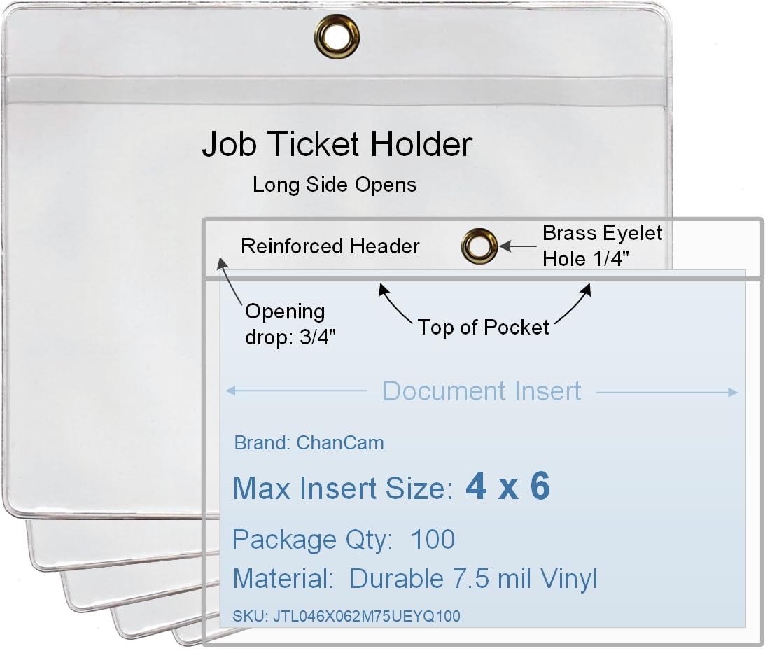 4 x 6 Job/Shop Ticket Holder Vinyl Plastic Sleeve with Brass Eyelet, Set of 100, Long Side Opening, Durable 7.5 mil Crystal Clear Vinyl