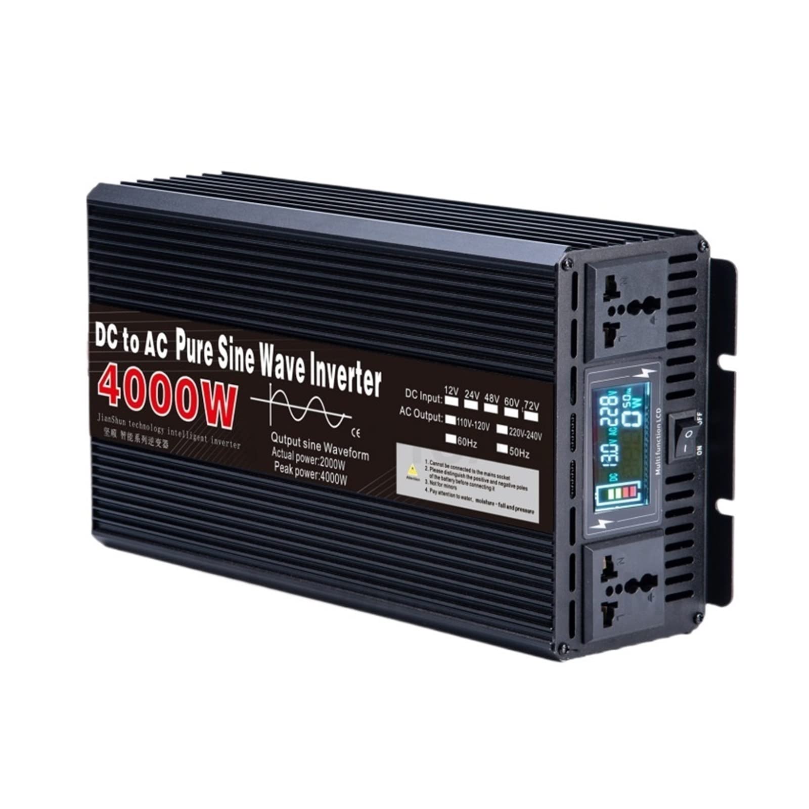 Czysty falownik sinusoidalny, 4000 W, 3000 W, moc DC 12 V, 24 V do AC 220 V, napięcie 50/60 Hz, konwerter solarny z wyświetlaczem LED (Noir, 12 V-220 V-2000 W)