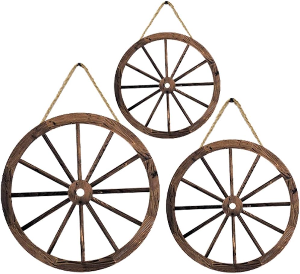 HOMSFOU Home Decor 3pcs Wooden Wagon Wheel Wall Decor Old