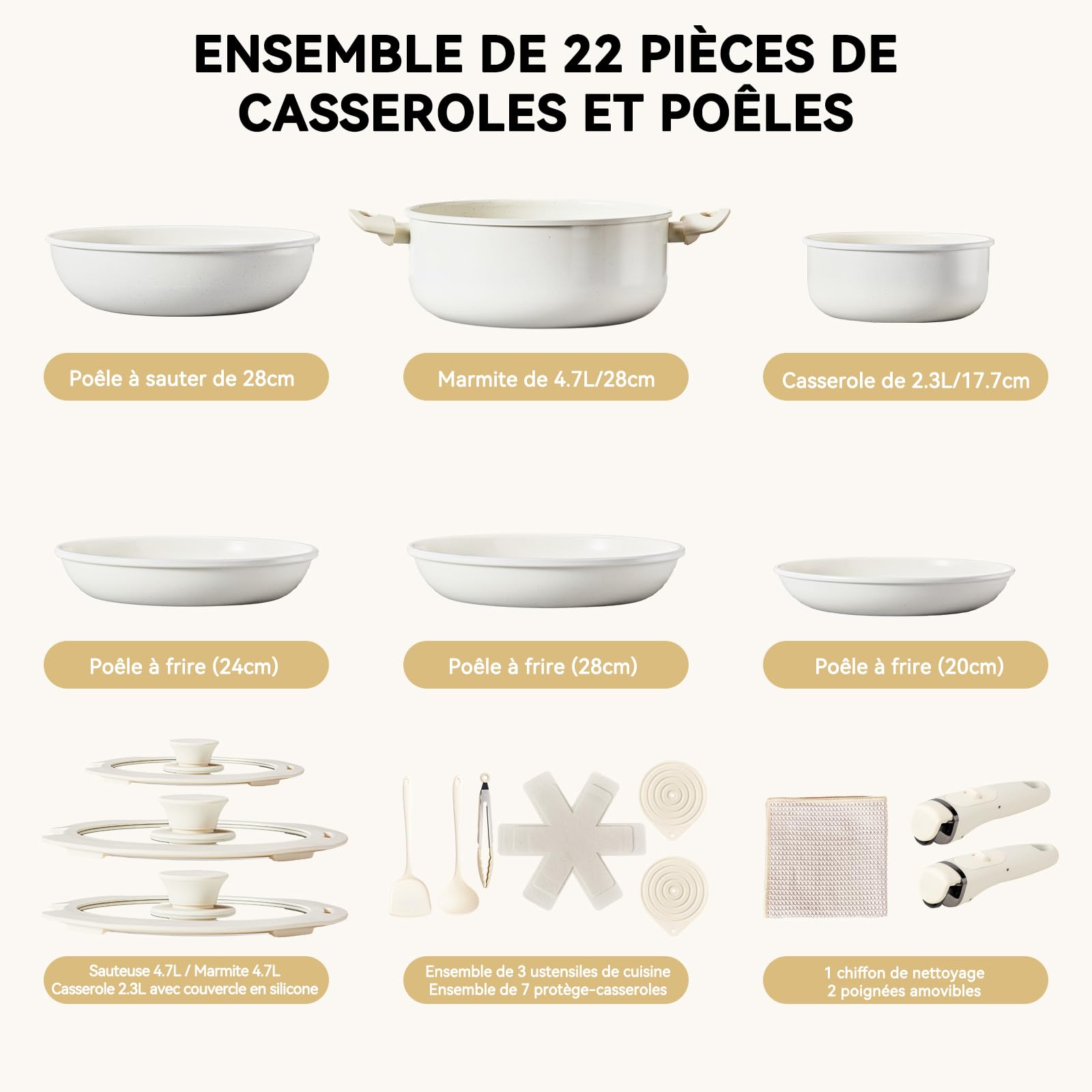 LEADZM Batterie de Cuisine Induction，Casserole Induction，poele，22 Pièces | Set de et en，Casseroles Poêles Céramique Antiadhésif - 22 Pièces avec Poignées Détachables（blanc cassé）