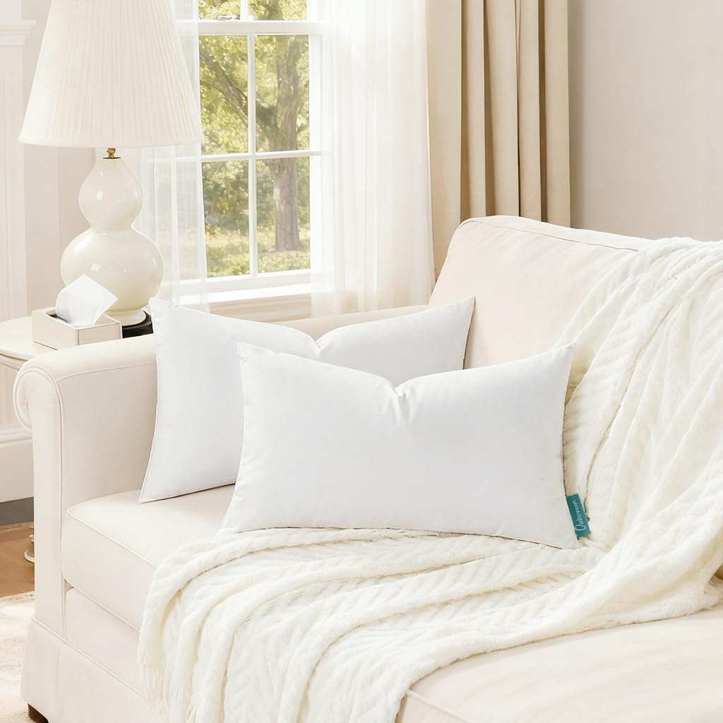 Condition photo showing New/Like New for oubonun 12x20 feather down throw pillow inserts, 100% cotton cover, medium firm lumbar pillow inserts for couch, sofa, bed, chair (set of 2)