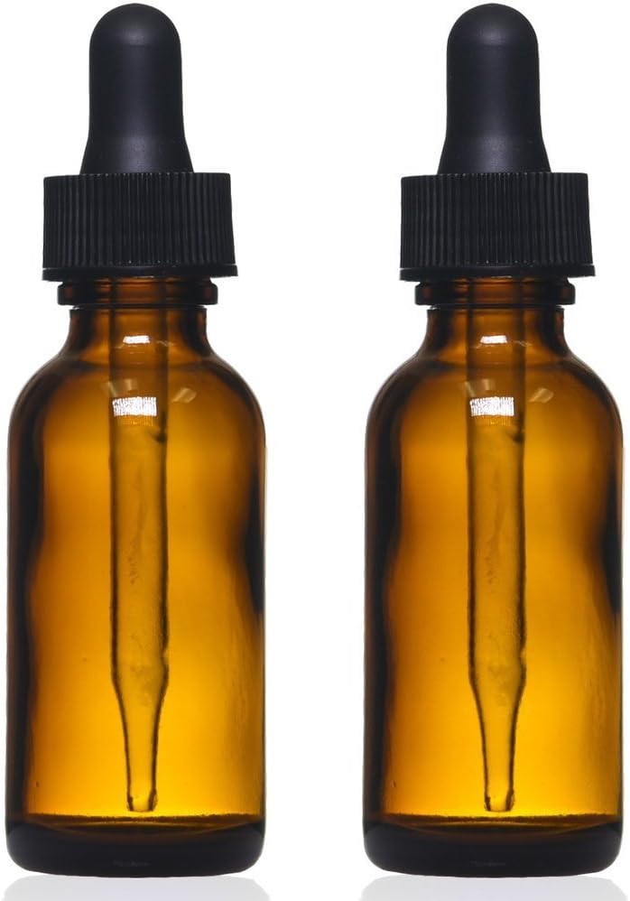 Amber Glass Bottles with Eye Droppers (1 oz, 2 pk) For Essential Oils, Colognes & Perfumes, Blank Labels Included