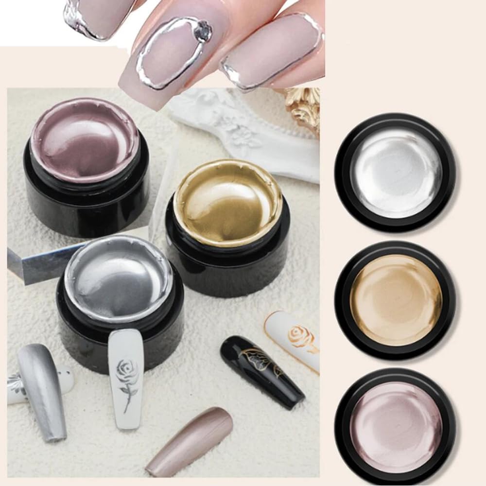 3Boxes Nail Varnish Silver Gold Metallic Painting Gel Nail Polish Bright Drawing Line French Mirror Metal Effect Chrome Varnis Semi Permanent for Nail Art DIY Chrome Rose Mirror Effect Nail Polish