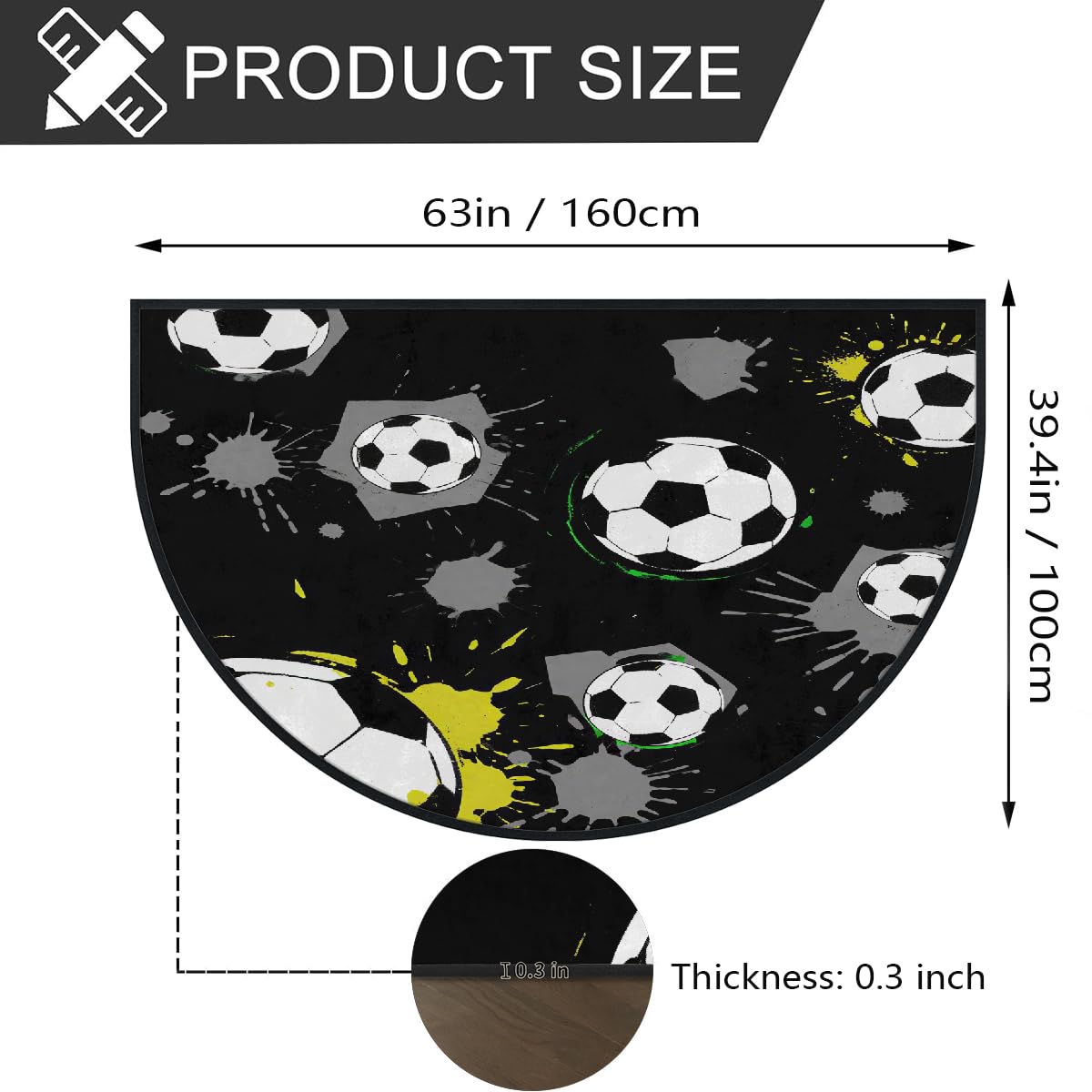 Große halbrunde Fußmatte, schwarz-weiß, Fußballbälle, rutschfest, saugfähig, halbrund, Eingangsbereich, niedlich, weich, halbrund, waschbar, Teppich für Küche, Badezimmer, Schlafzimmer, 160 x