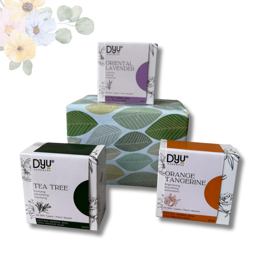 DYU HANDMADE Aromatherpy Gift Set for Women| Bath and Body Care Discovery Kit | Natural Skincare with Orange, Lavender & Tea Tree Cold Pressed Bathing Bar | Luxury Self-Care Gift | Pack of 3-image-30