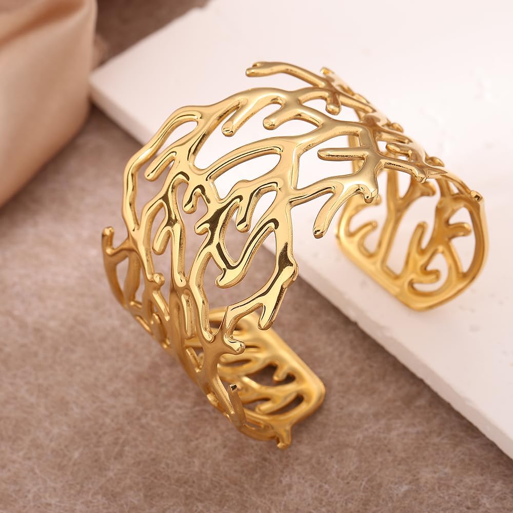 YWMAN Chunky Gold-Plated Cuff Bracelet for Women, Ocean Coral Reef Bangle Bracelet, Summer Beach Accessory - Image 4