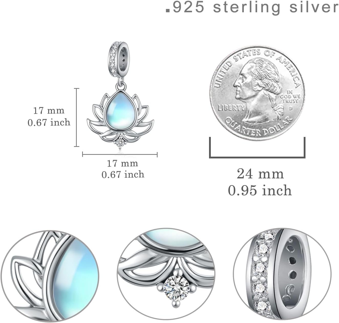 Moonstone Lotus Charm for Bracelets 925 Sterling Silver Moonstone Charms for Bracelets Lotus Decor Jewelry Gifts for Women