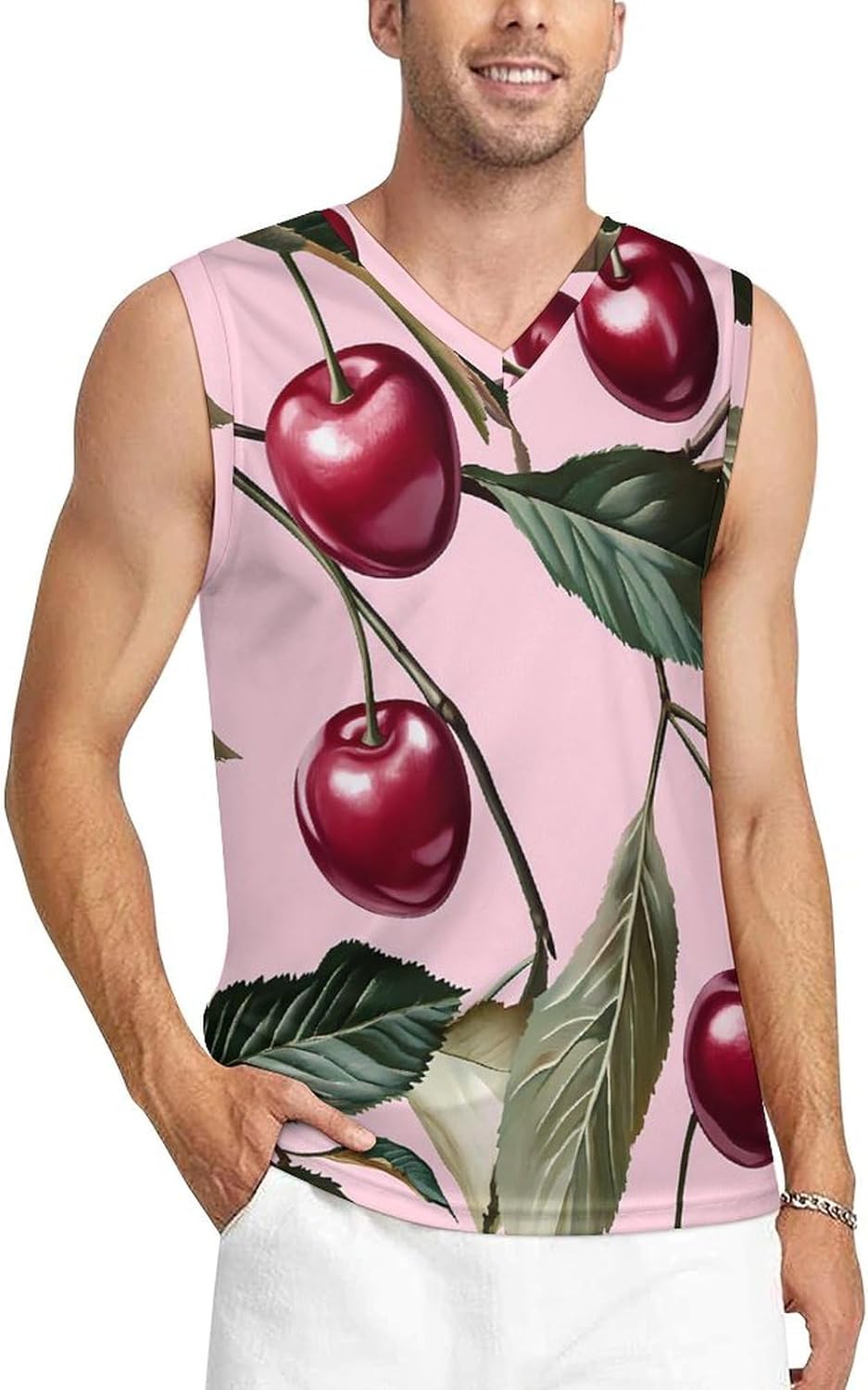 Cherry and Leaves Men's V-Neck Basketball Tank Top Sleeveless Workout Tank Shirts Gym Fitness Tees Vest