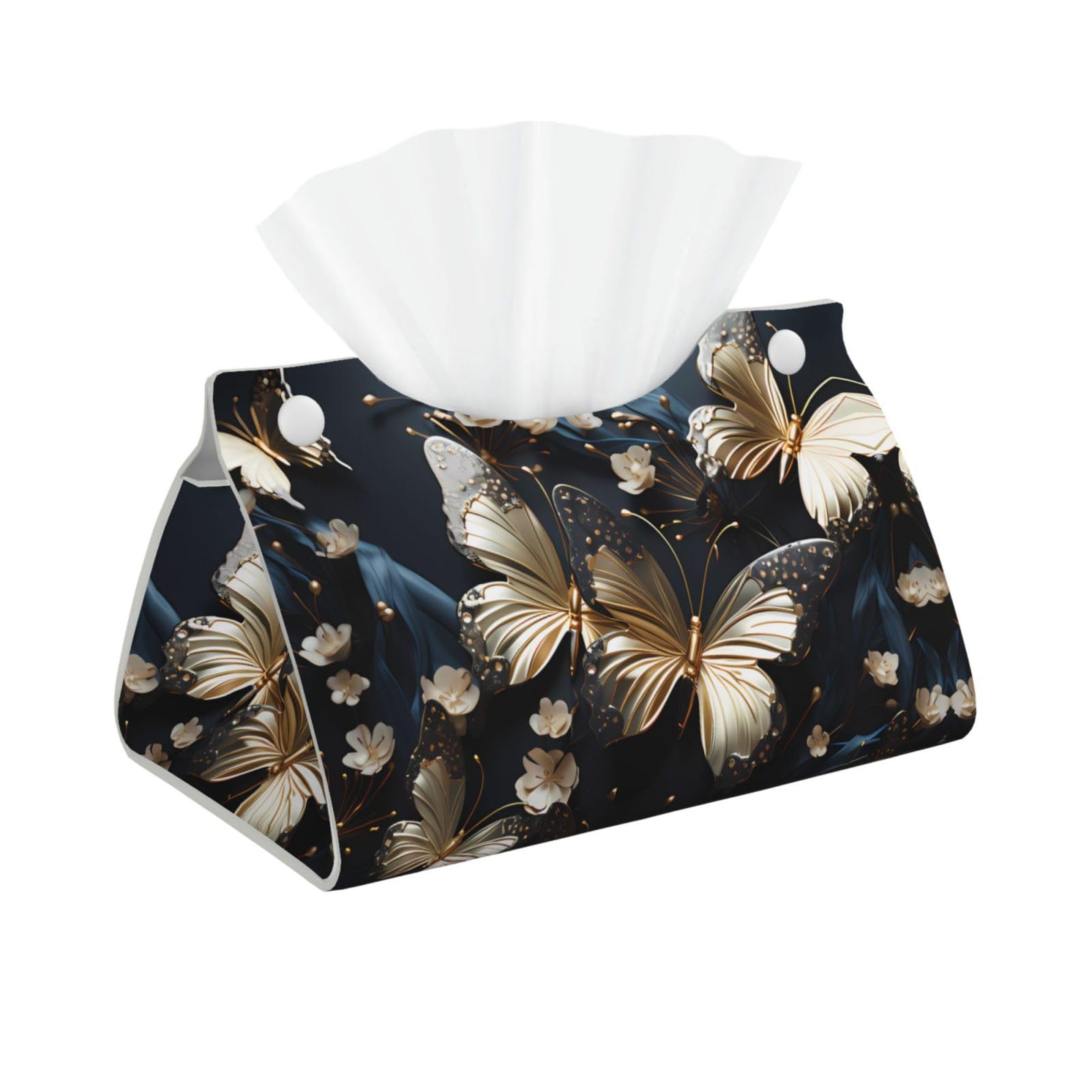Gold White Butterflies Black Rectangular Leather Tissue Box Cover, Folding Facial Tissue Holder Dispenser for Car