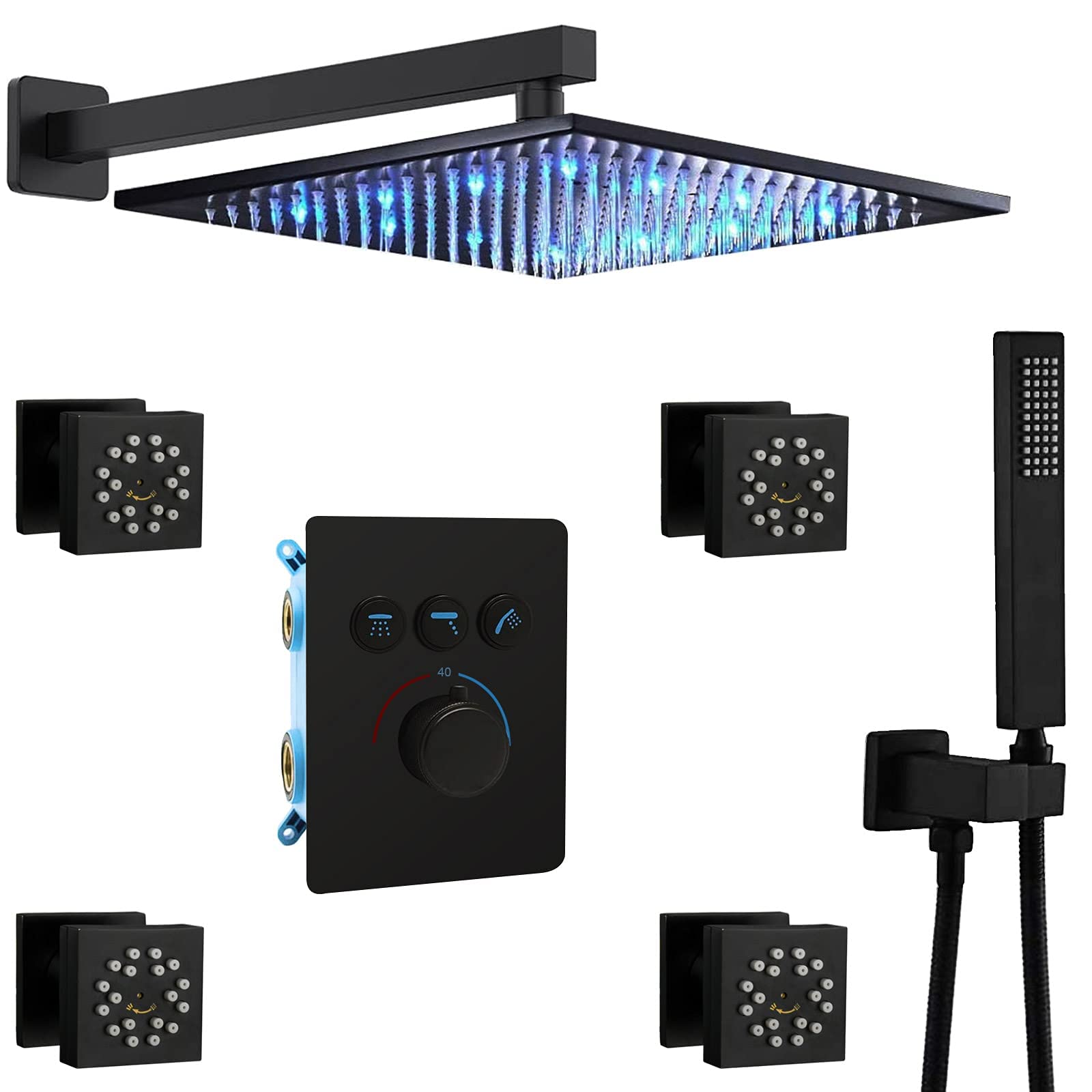 Homekicen Matte Black Shower System 12 inch Square LED Rain Head with Handheld and Body Spray