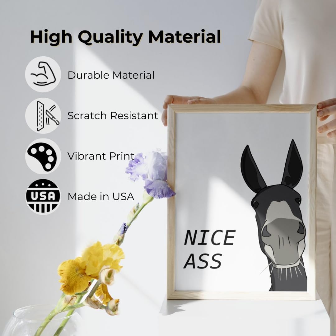InkFlow Posters Donkey Humor Canvas Poster - Playful Nice Ass Typography Art - Minimalist Animal Illustration Style - Bathroom Farm Wall Decor - 16x20 Unframed Canvas Print