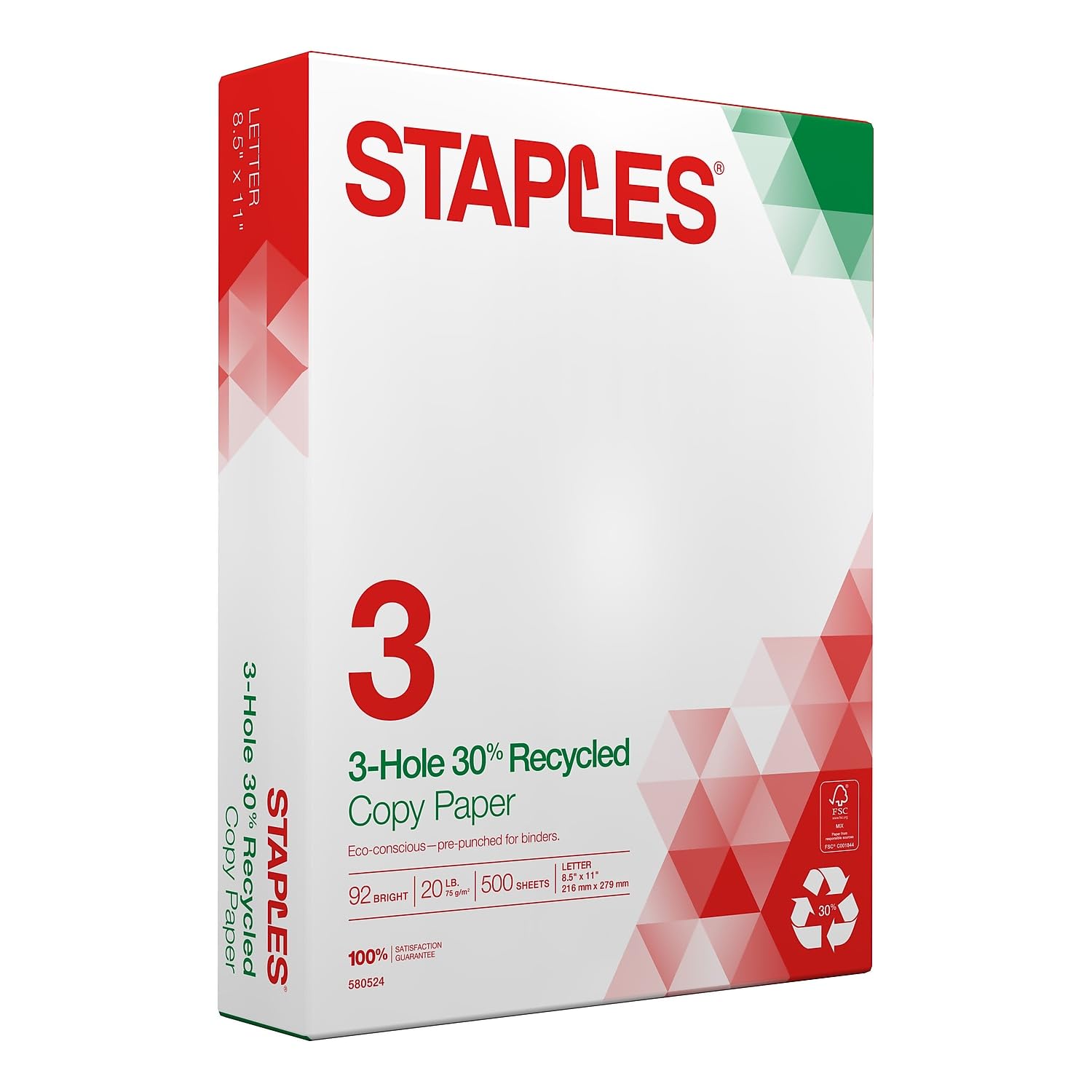 Staples 30% Recycled 8.5-Inch x 11-Inch Copy Paper 20 lbs 92 Brightness 500/Ream, For Office, School & Home