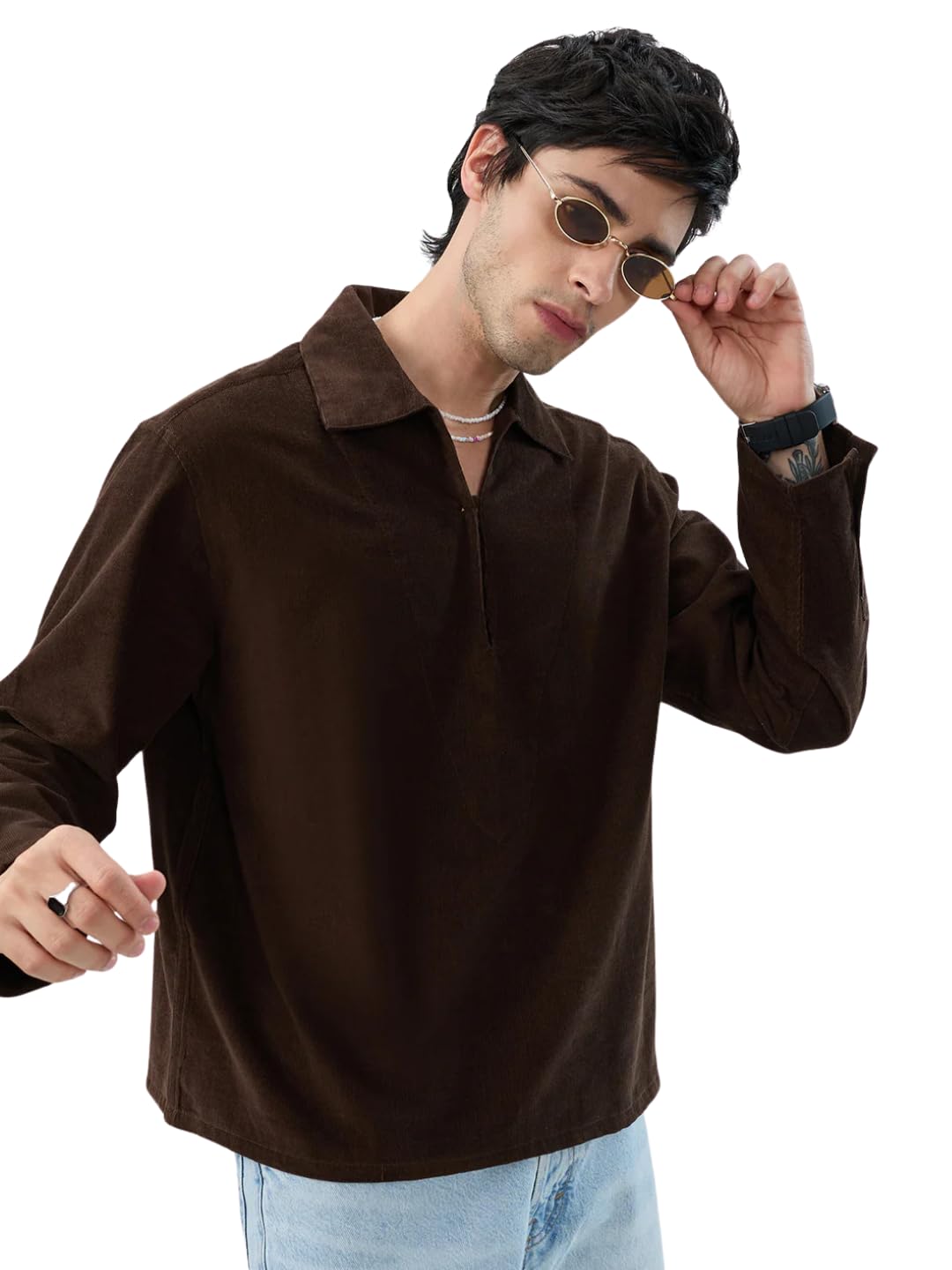VASTRADO Carob Brown Corduroy Cuffless Oversized Shirt-image-7